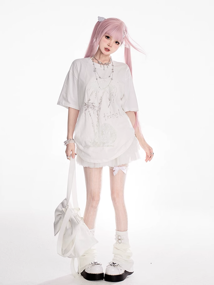 T-shirt Coconut Tree Print White Round Neck Tonal