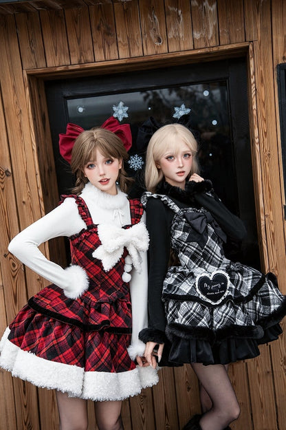 Red with and White Dress Black Winter Brooch Hemline Plaid Bow Plush Lolita Pattern