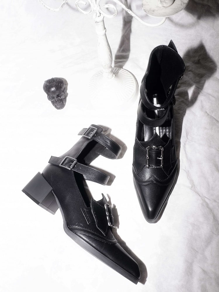 Heeled Pointed-toe Matte Black Bat Wing Details 5cm Bow - Buckle Gothic Shoes