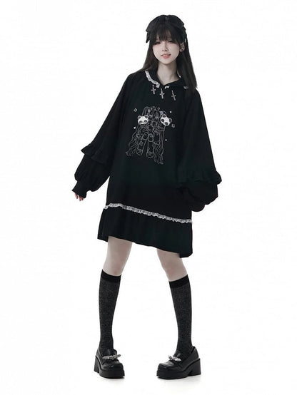 Cross Black Sweet-Grunge and Decoration Doll Metal with Dark Hoodie Dress Aesthetic Lace