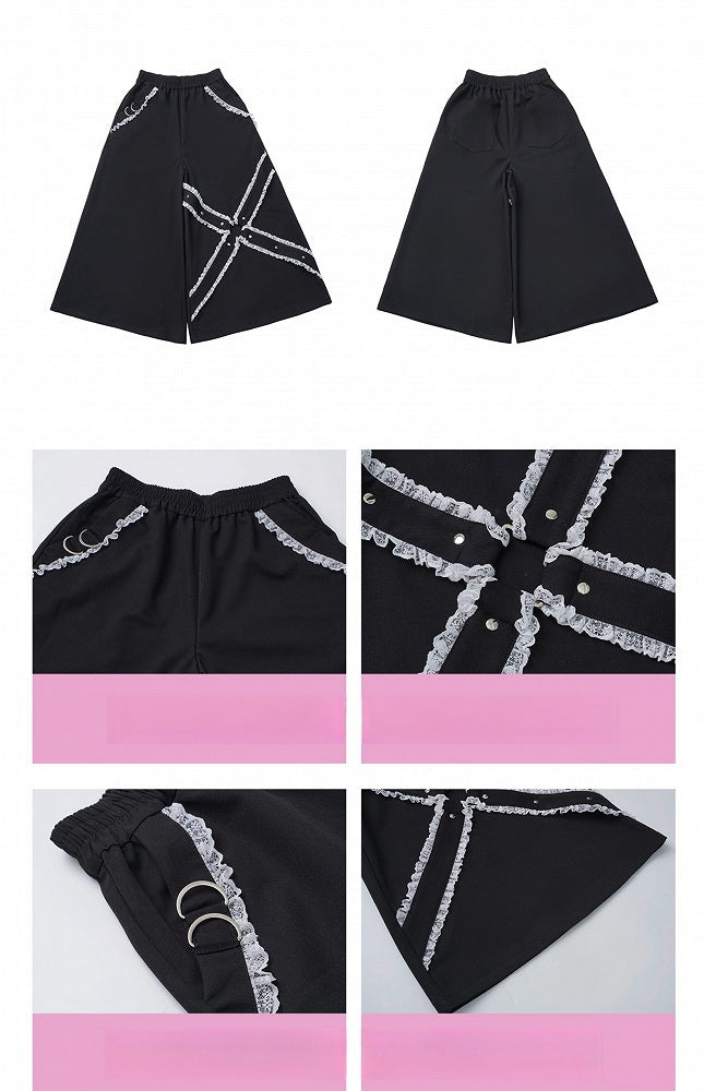 Details with Wide-Leg Ankle Pants Criss-Cross Black Stud White Lace Length and