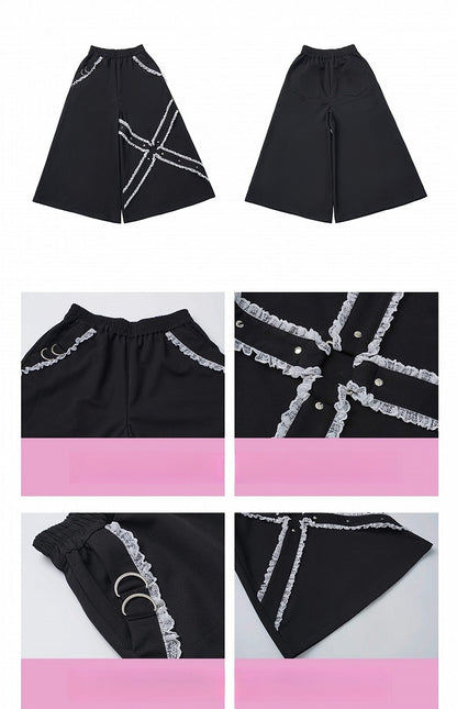 Details with Wide-Leg Ankle Pants Criss-Cross Black Stud White Lace Length and