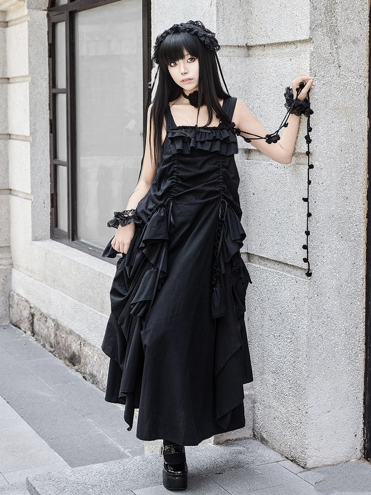Loose Drawstring Ruffles Scarf Dress Necklace Cascading Design + Goth Black