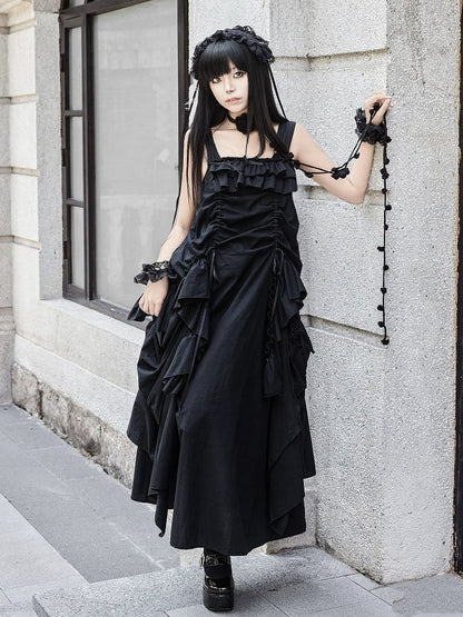 Loose Drawstring Ruffles Scarf Dress Necklace Cascading Design + Goth Black