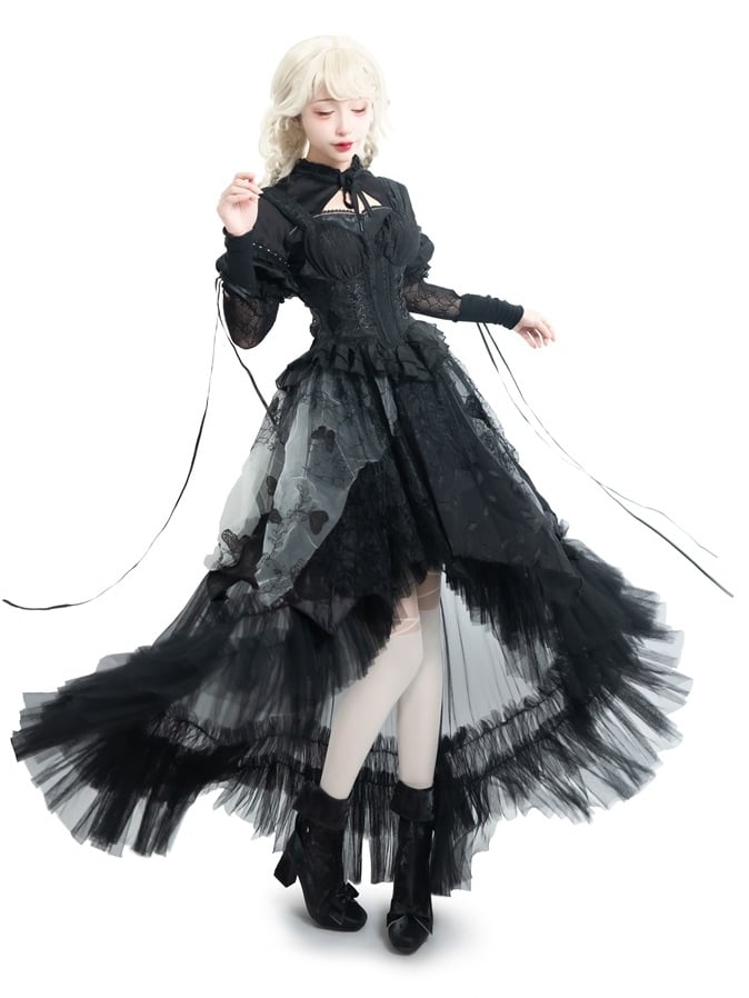 Rear High - Scalloped Foldable Lacing Cuff Elegant Black Block with Ankle Lolita Boots Heel Edging