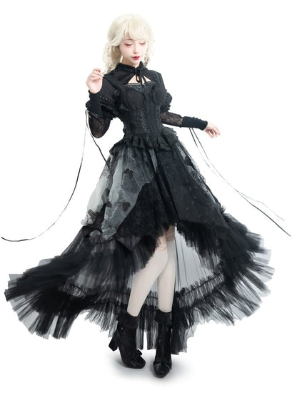 Rear High - Scalloped Foldable Lacing Cuff Elegant Black Block with Ankle Lolita Boots Heel Edging