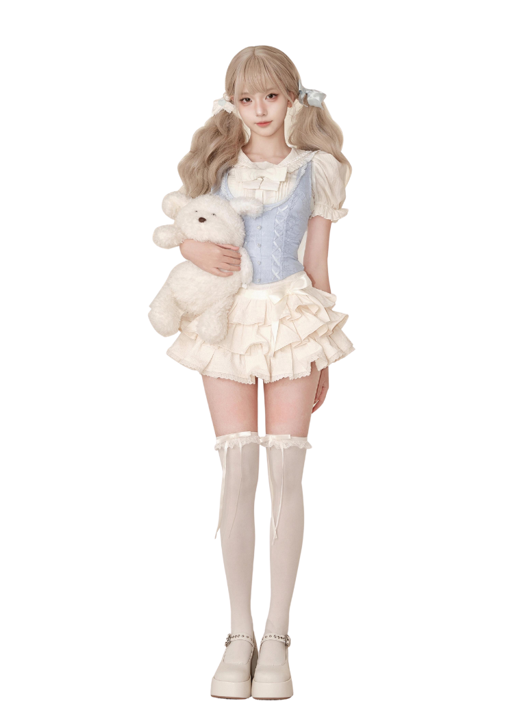 Blue Shirt Sleeve + Ice Milky Skirt Flared Vest Puff