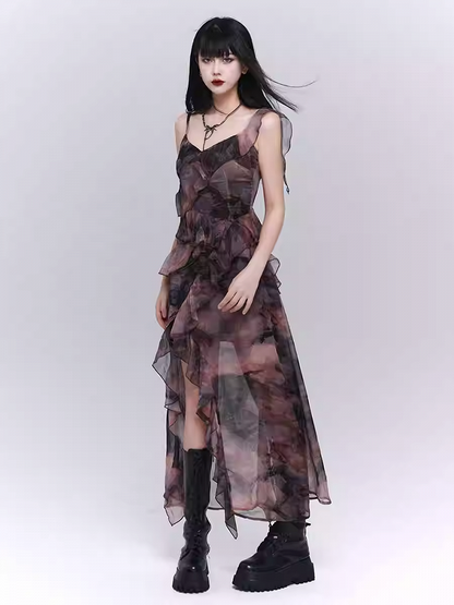 Purple/Dark Gray Butterfly Tie Dye Asymmetrical Flounce Hem Slip Dress