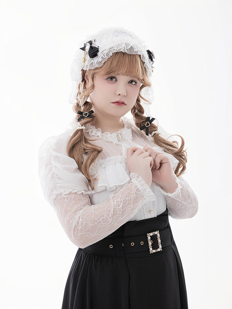 ブラウス+蝶ネクタイ ホワイト イリュージョンネックライン ジュリエットスリーブ ジライケイ レース