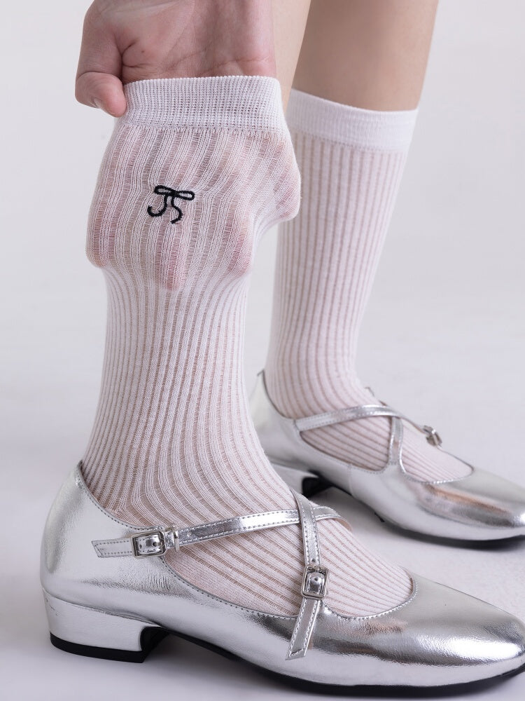 Cotton Vertical Bow Socks Pattern 4 Striped Colors Breathable Embroidery