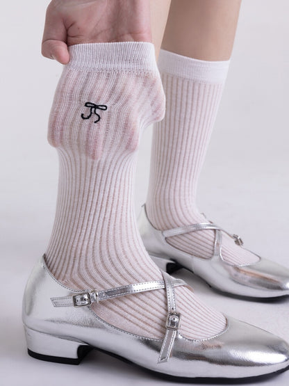 Cotton Vertical Bow Socks Pattern 4 Striped Colors Breathable Embroidery