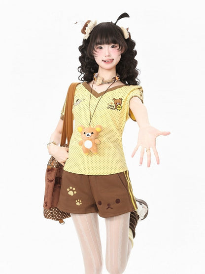 Brown Polka Dot Tee with Bear Embroidery and Doll Necklace - Languid Park