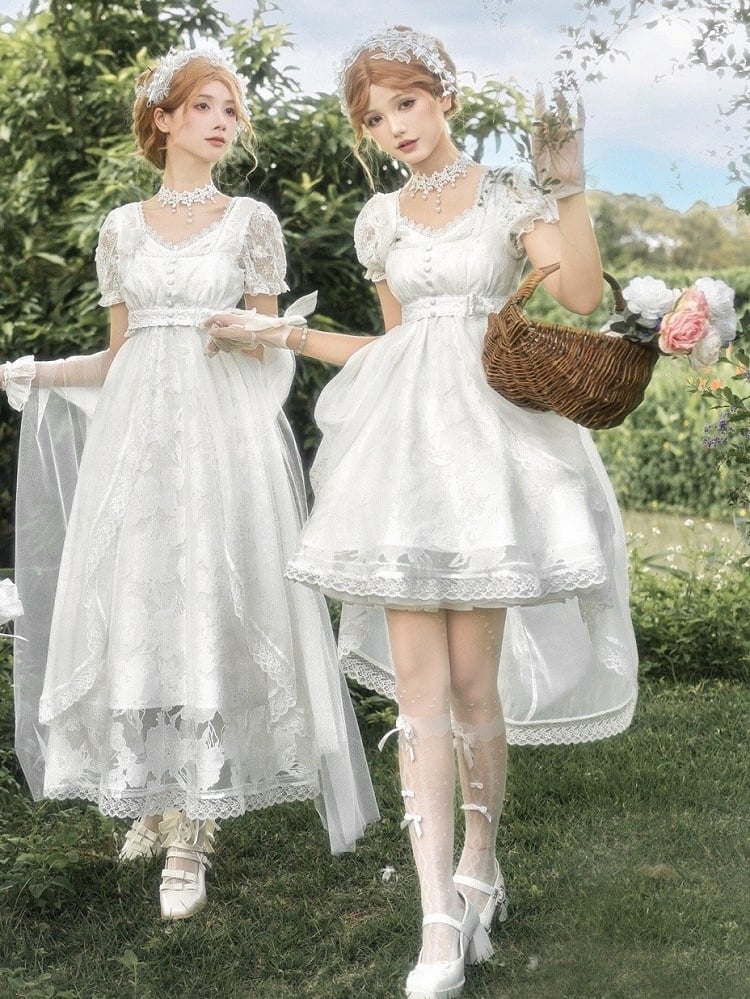 Version Cropped Top Kleid Overlay Weißer Slip Full Empire Lolita + Kurzes Kopfschmuck-Set - Style
