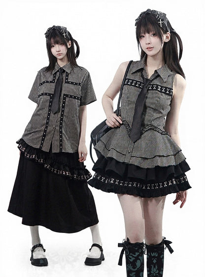 Black Asymmetric Ruffle-Trimmed Long Skirt - PINK SAVIOR