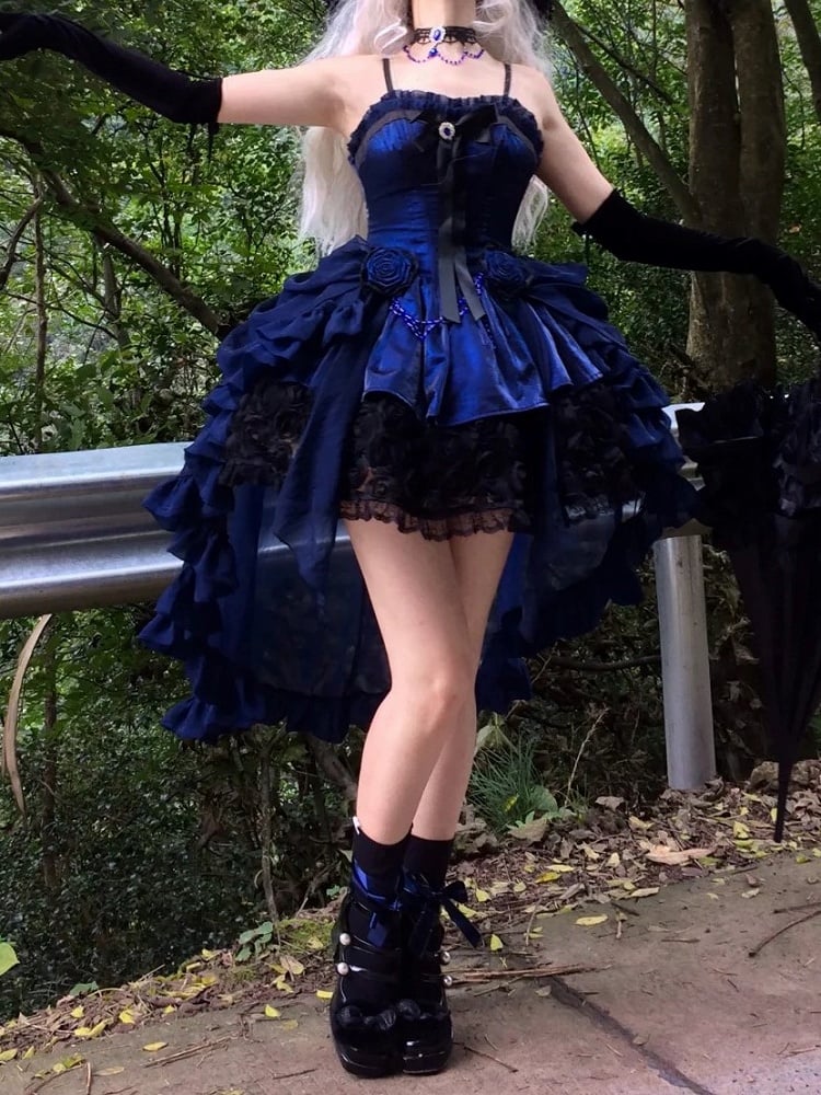 Dress Boned Bouquet Strapless Hem Black Gothic Rose Lolita with Blue