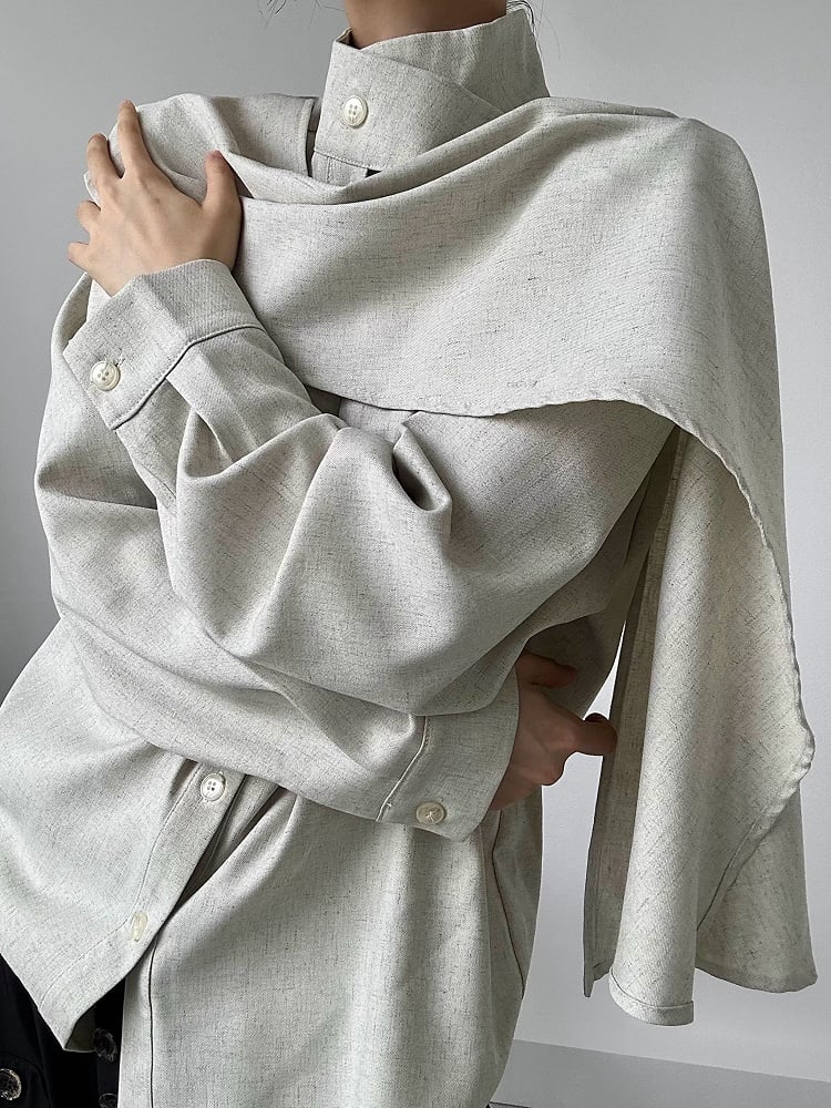 Sleeve Extended Stand Unisex Collar Shirt with Beige Long