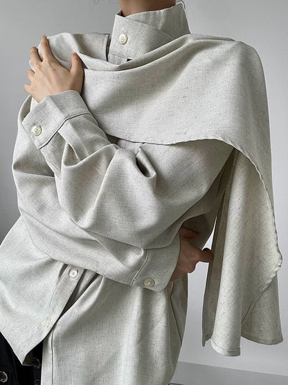 Sleeve Extended Stand Unisex Collar Shirt with Beige Long