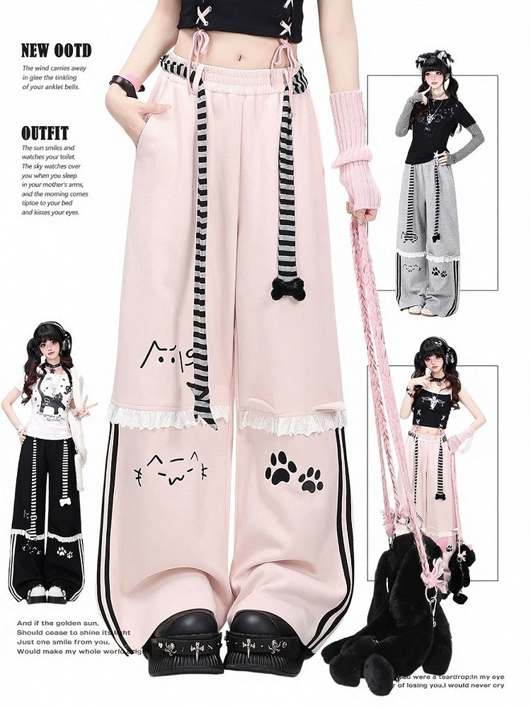 Casual Gray Kitty Print Straight Pants with Lace Trim and Belt - CRAZY GIRL