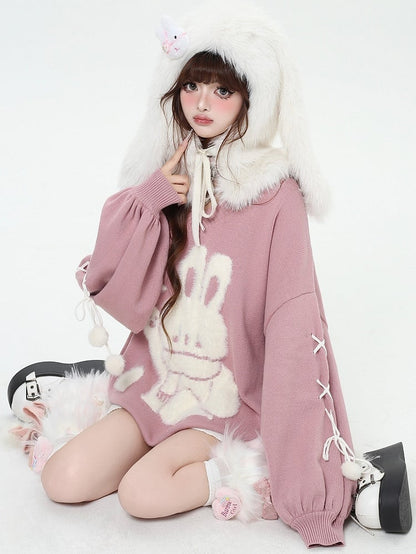 Bunny Pink Detail Sweater V-neck Sleeves Plush Cute Loose Lace-up at with