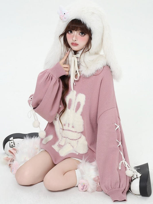 Bunny Pink Detail Sweater V-neck Sleeves Plush Cute Loose Lace-up at with