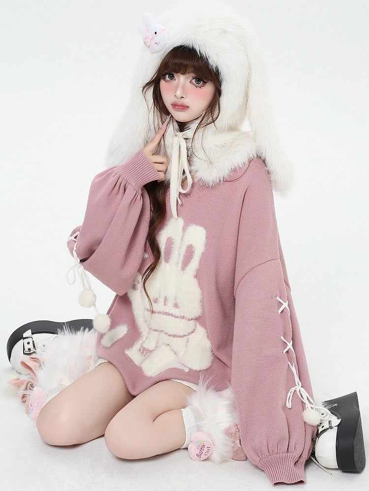 Bunny Pink Detail Sweater V-neck Sleeves Plush Cute Loose Lace-up at with