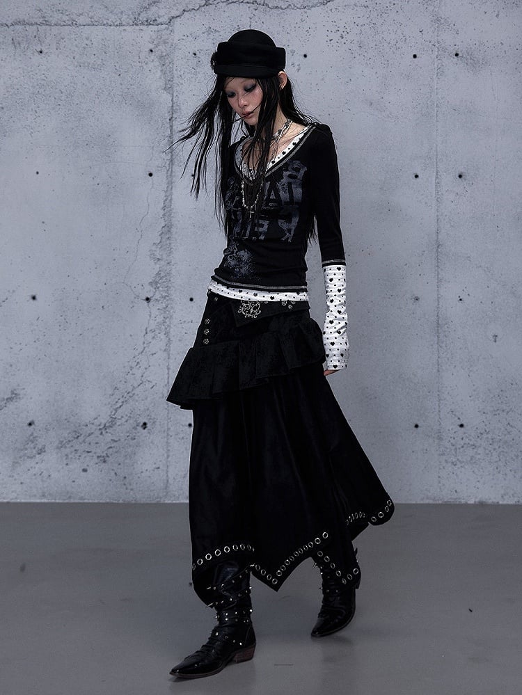 Black Asymmetrical Zipper Side Stud Skirt with 2-Way Grommet Rock Punk Accents Closure Tiered