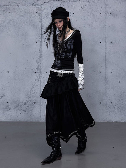Black Asymmetrical Zipper Side Stud Skirt with 2-Way Grommet Rock Punk Accents Closure Tiered