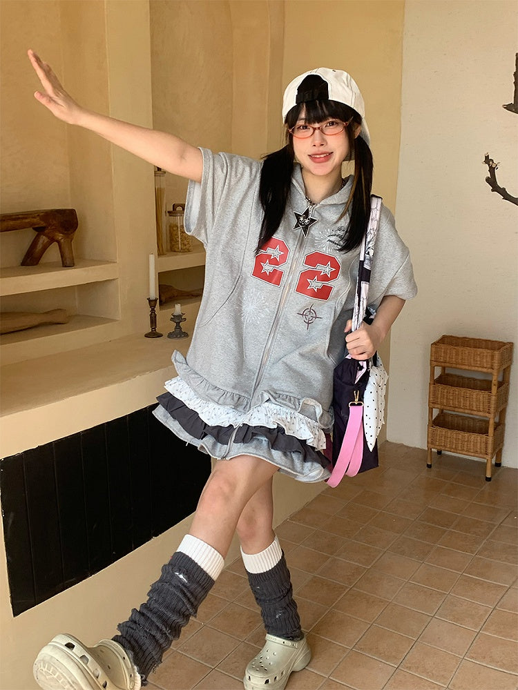 Tiered Hem with Dress Hoodie Number Ruffle Zip-Up Print Gray
