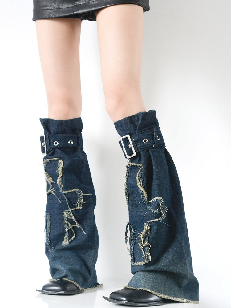 Denim Dark Applique Distressed Straps with Warmers Leg Blue Buckle Cross Y2K