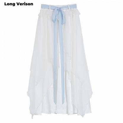 ホワイトのアシンメトリーメッシュヘムスカートバージョン（リボン付き）ショート/ロングセルフタイ