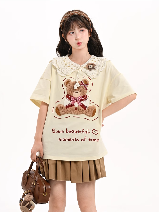 Cotton Plush Bear Embroidery Apricot Round Neck Loose T-shirt