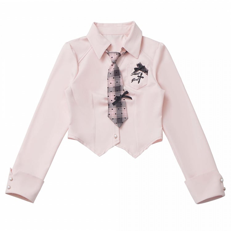 ピンクのカーブヘム刺繍ポケットシャツネクタイ、パターンチェック柄スウィートハート