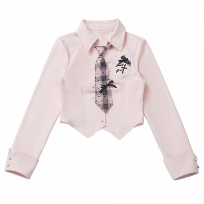 ピンクのカーブヘム刺繍ポケットシャツネクタイ、パターンチェック柄スウィートハート