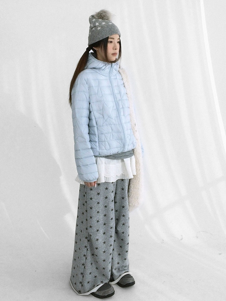 Teardrop Pattern Zipper Jacket with Blue Front Down Hooded - Star Ribbed