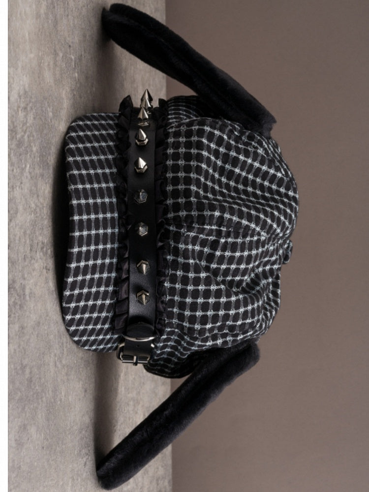 Decorated Puppy Beret Hat Studs Design Plush Ear Buckle Black Gothic