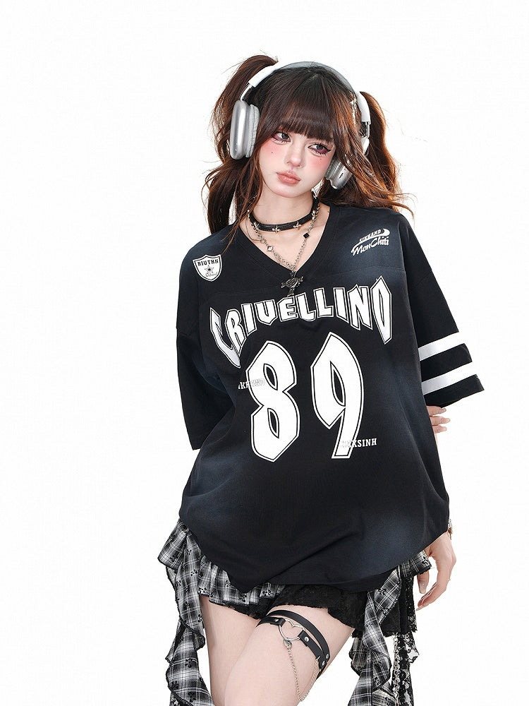 Black V-neck Number Print Loose T-shirt