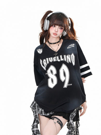 Black V-neck Number Print Loose T-shirt