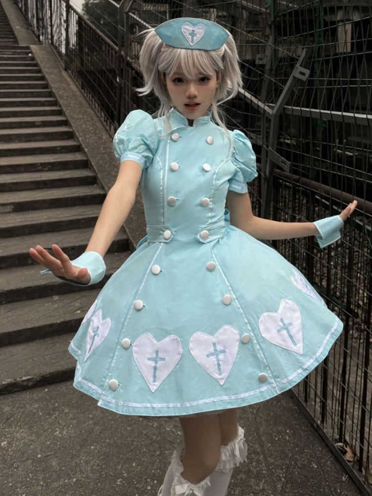 Kleid Herz Lolita Patches Puff Krankenschwester Blau Kreuz Ärmel Weiß