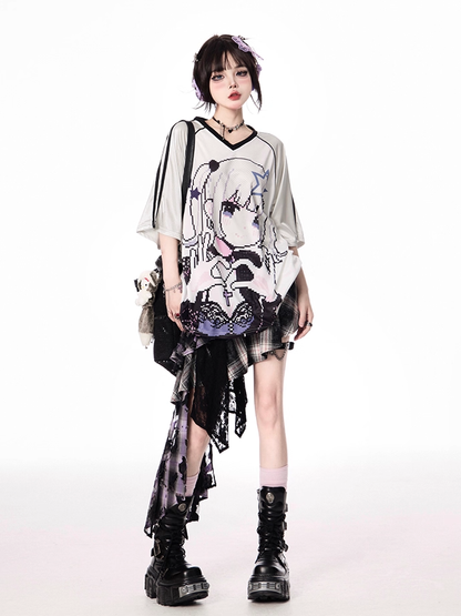 Cartoon Girl Print Black/Blue/Purple T-shirt Vintage V-neck Loose