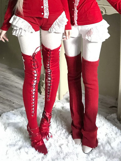 Red/White Ruffles Dot Tiered Shorts Polka with Trim Christmas Gothic