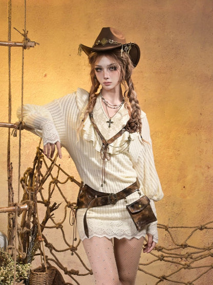 PU with Sleeves Knit V-neck Brown Punk Retro Beige Dress Bishop