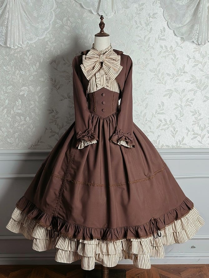 Elegant Bolero Classic Hat + Brown Badge Set Top Lolita Blouse Boned Striped Skirt Full