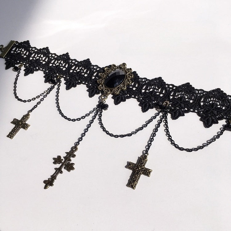 Pendants with Black/White Gothic Antique Lace Cross Choker