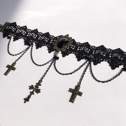 Pendants with Black/White Gothic Antique Lace Cross Choker
