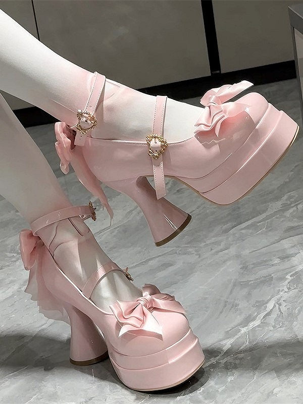 Sweet High-heel PU Top Pink at with Bow Janes Light Lolita Mary Platform