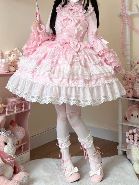 White Lace Lolita Decorated Trims Hanayome Pink Skirt Bows Dress Jumper