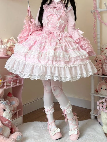 Besätze Kleid Rosa Rock Weiß Verzierter Pullover Spitze Lolita Hanayome Schleifen
