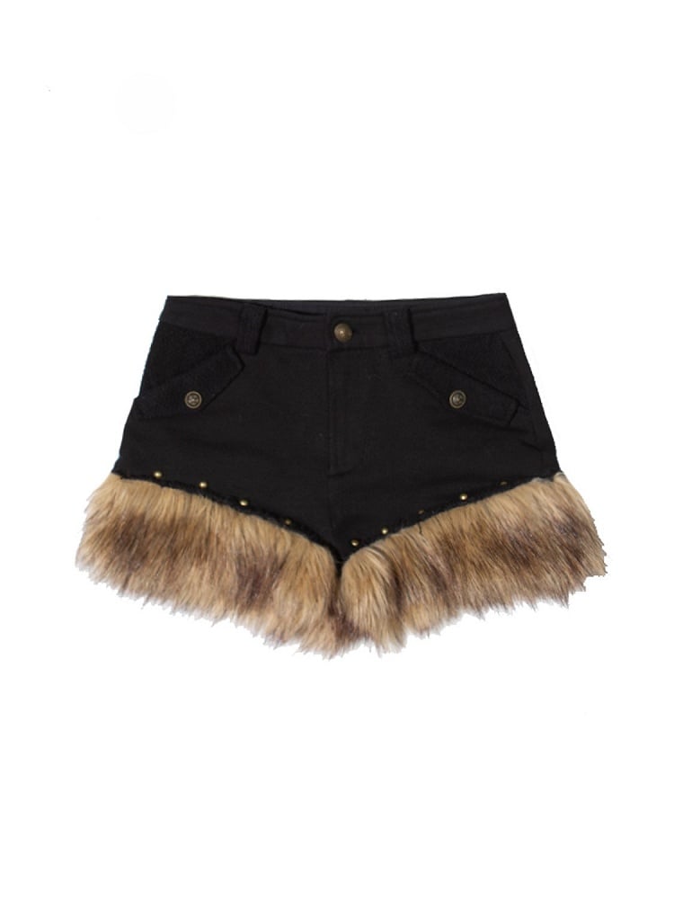 Slant Shorts Fur Punk Studded Black Y2K Faux with Pockets Button-Accented Trim