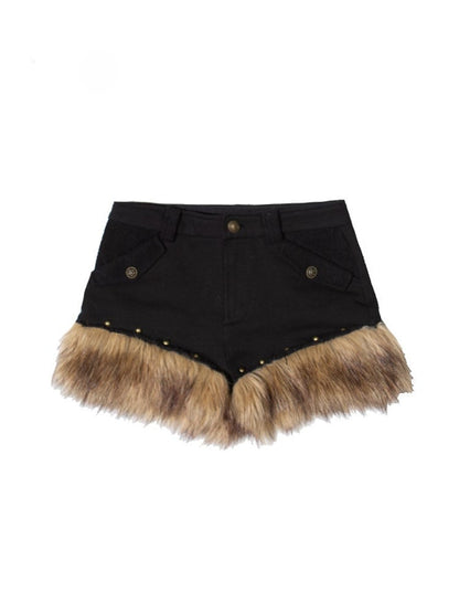 Slant Shorts Fur Punk Studded Black Y2K Faux with Pockets Button-Accented Trim