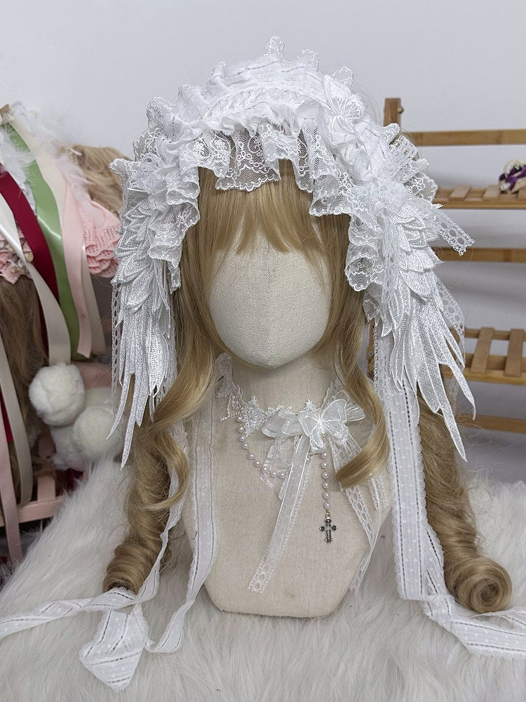 Wings Lace Angle Black/White Gorgeous Ruffled Hairband Bow